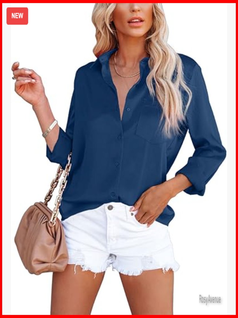 Button Down Satin Blouse Long Sleeve V Neck Work Top With Pocket